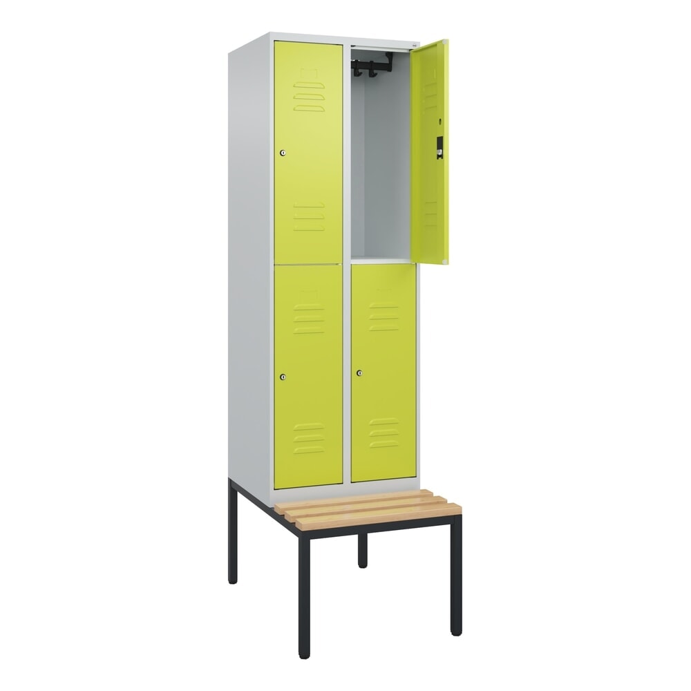 Produktabbildung: C+P Doppelstock-Spind Classic PLUS, 2 Abteile, HxBxT 2.120 x 600 x 815 mm, Zylinderschloss, untergebaute Bank aus Buche, lichtgrau, clowngrün