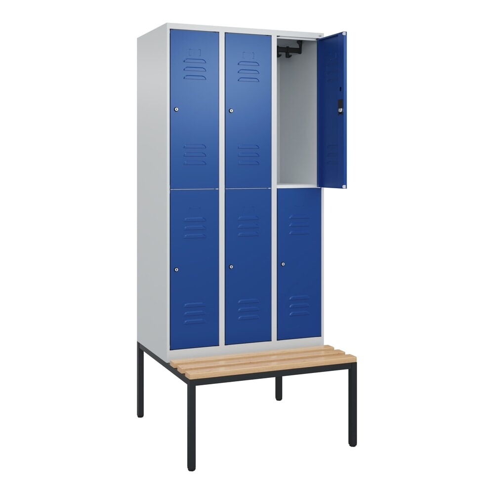 Produktabbildung: C+P Doppelstock-Spind Classic PLUS, 3 Abteile, HxBxT 2.120 x 900 x 815 mm, Zylinderschloss, untergebaute Bank aus Buche, lichtgrau, enzianblau