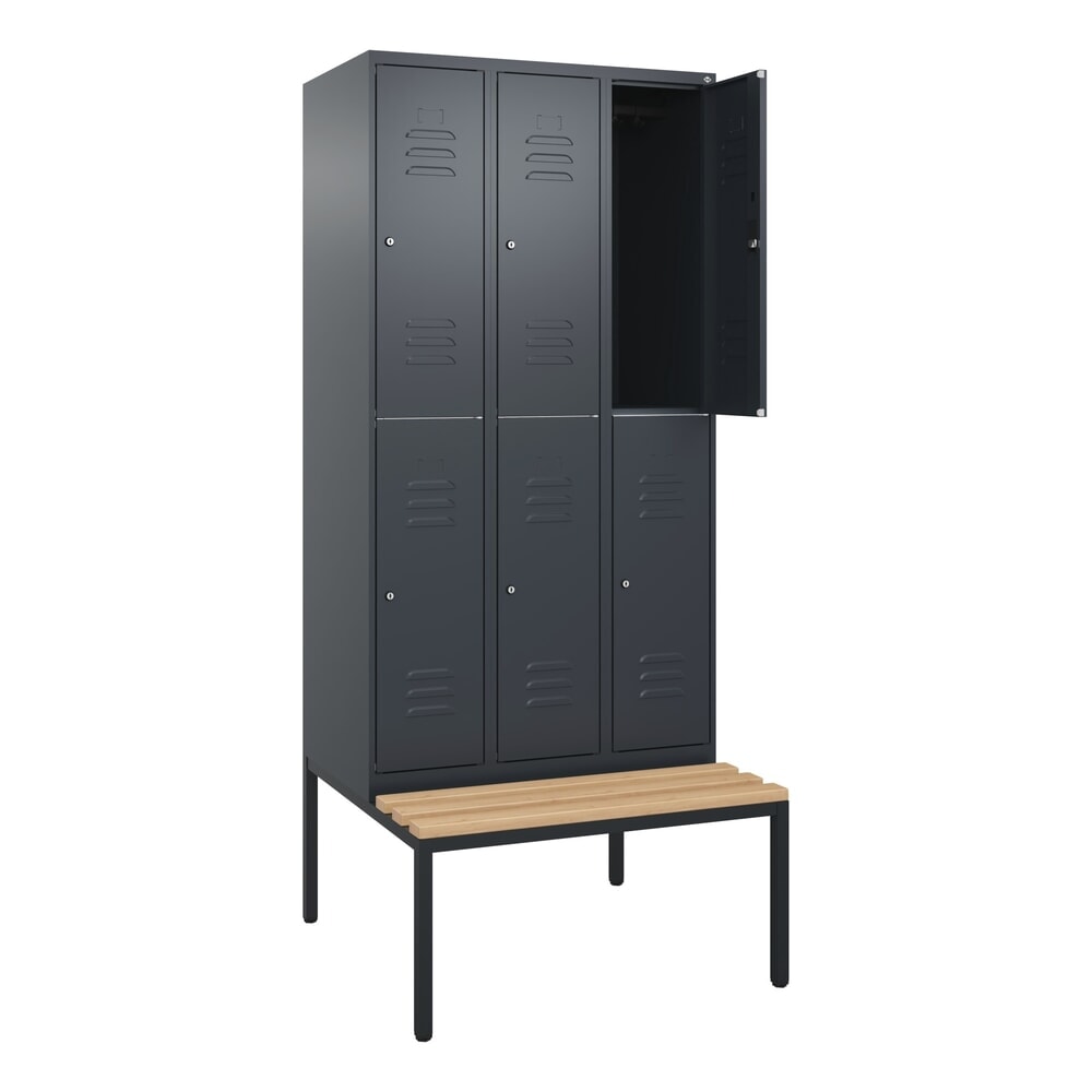 Produktabbildung: C+P Doppelstock-Spind Classic PLUS, 3 Abteile, HxBxT 2.120 x 900 x 815 mm, Zylinderschloss, untergebaute Bank aus Buche, anthrazitgrau, anthrazitgrau