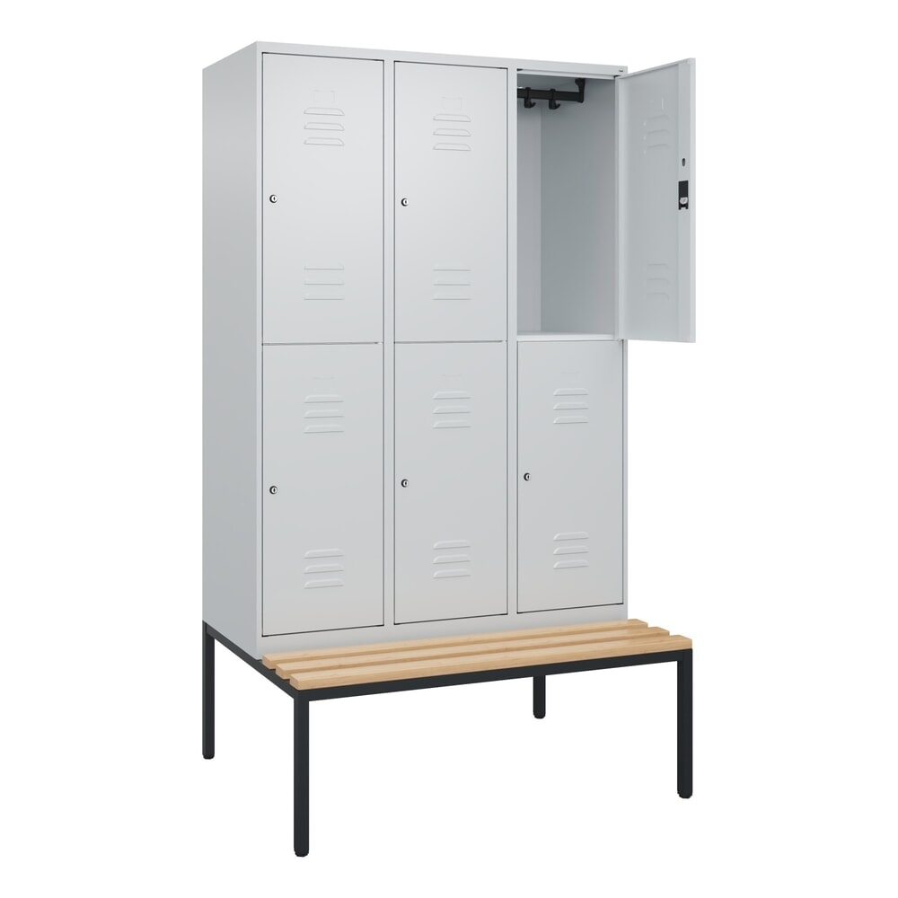 Produktabbildung: C+P Doppelstock-Spind Classic PLUS, 3 Abteile, HxBxT 2.120 x 1.200 x 815 mm, Zylinderschloss, untergebaute Bank aus Buche, lichtgrau, lichtgrau