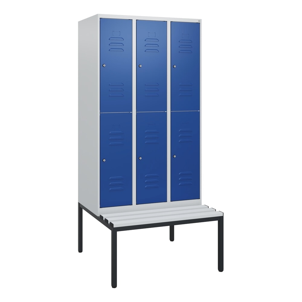 Produktabbildung Nr. 9: C+P Doppelstock-Spind Classic PLUS, 3 Abteile, HxBxT 1.950 x 900 x 815 mm, Zylinderschloss, untergebaute Bank aus Kunststoff, lichtgrau, enzianblau