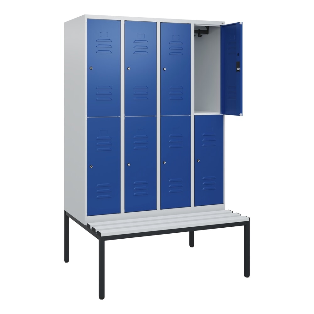 Produktabbildung: C+P Doppelstock-Spind Classic PLUS, 4 Abteile, HxBxT 1.950 x 1.200 x 815 mm, Zylinderschloss, untergebaute Bank aus Kunststoff, lichtgrau, enzianblau