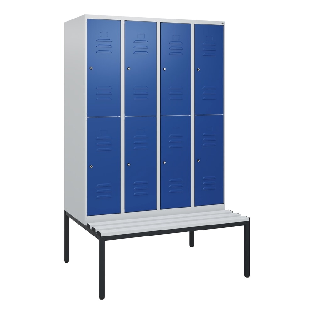 Produktabbildung Nr. 9: C+P Doppelstock-Spind Classic PLUS, 4 Abteile, HxBxT 1.950 x 1.200 x 815 mm, Zylinderschloss, untergebaute Bank aus Kunststoff, lichtgrau, enzianblau