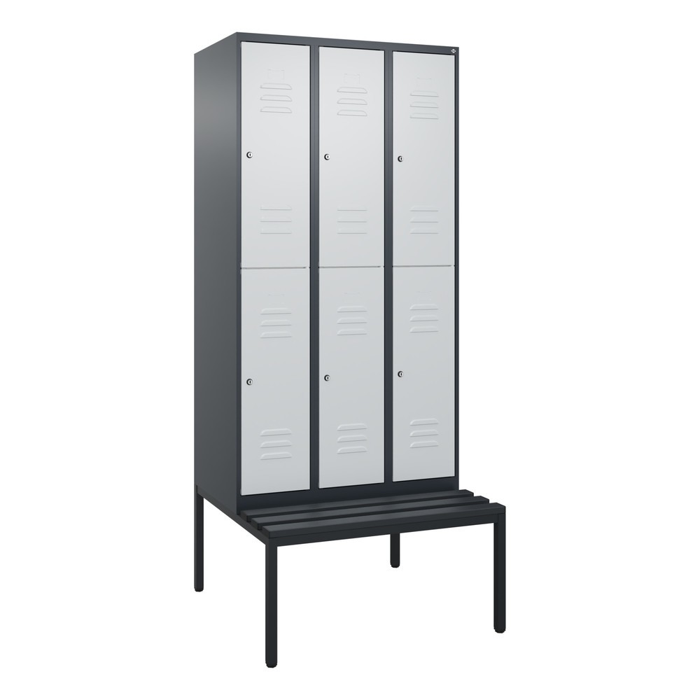 Produktabbildung: C+P Doppelstock-Spind Classic PLUS, 3 Abteile, HxBxT 2.120 x 900 x 815 mm, Zylinderschloss, untergebaute Bank aus Kunststoff, anthrazitgrau, lichtgrau