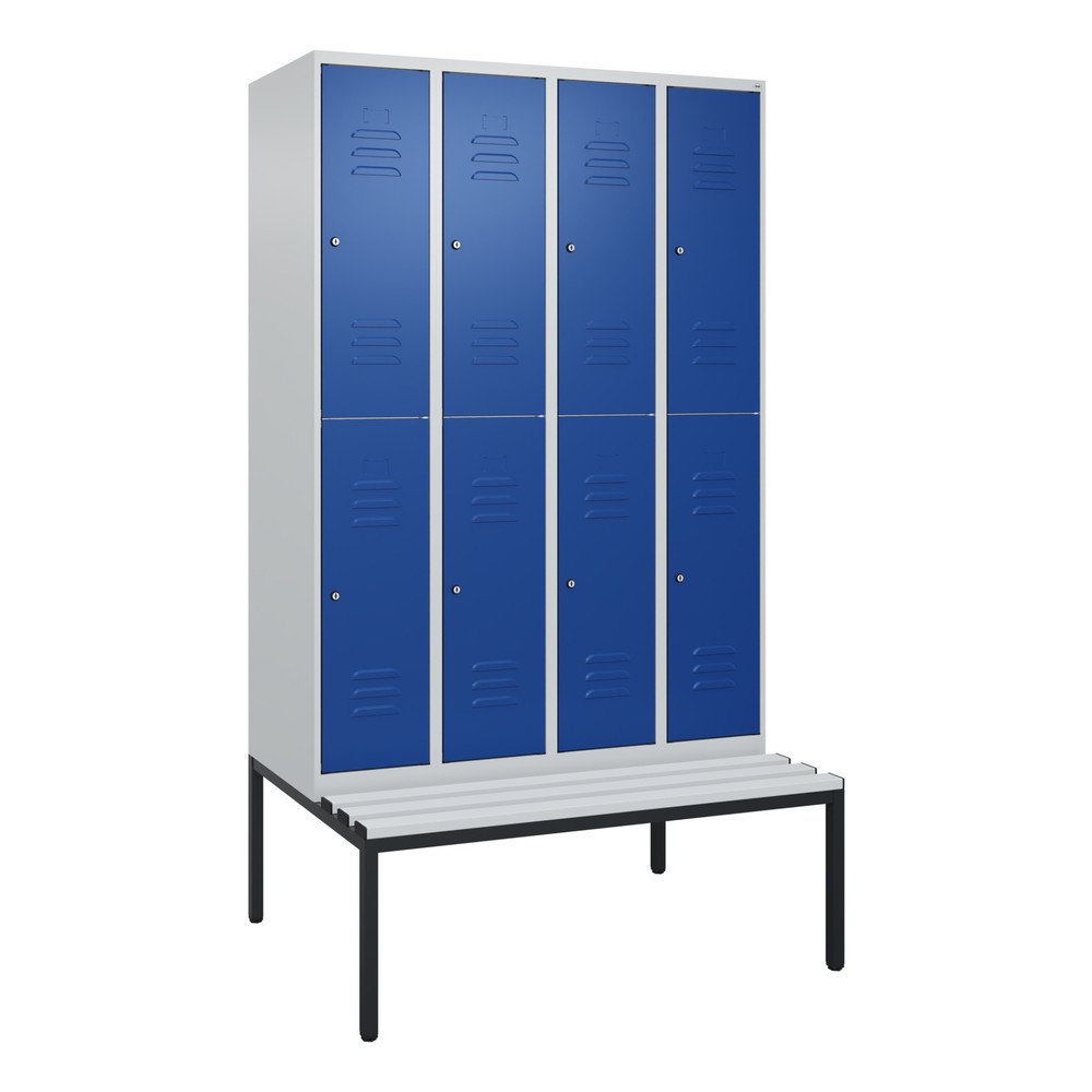 Produktabbildung: C+P Doppelstock-Spind Classic PLUS, 4 Abteile, HxBxT 2.120 x 1.200 x 815 mm, Zylinderschloss, untergebaute Bank aus Kunststoff, lichtgrau, enzianblau