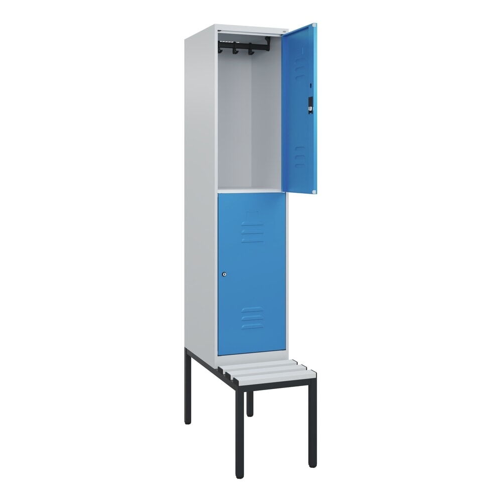 Produktabbildung: C+P Doppelstock-Spind Classic PLUS, 1 Abteil, HxBxT 2.120 x 400 x 815 mm, Zylinderschloss, untergebaute Bank aus Kunststoff, lichtgrau, lichtblau