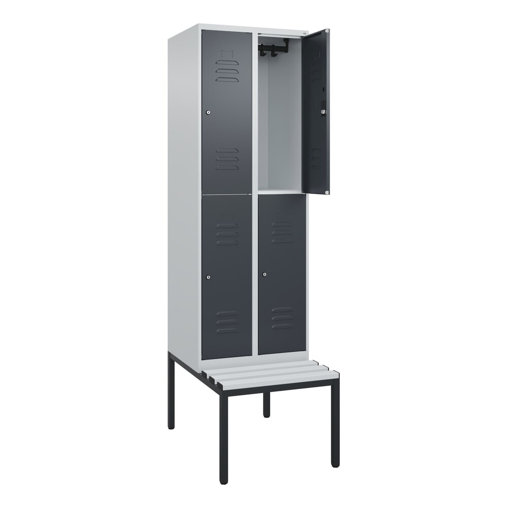 Produktabbildung: C+P Doppelstock-Spind Classic PLUS, 2 Abteile, HxBxT 2.120 x 600 x 815 mm, Zylinderschloss, untergebaute Bank aus Kunststoff, lichtgrau, anthrazitgrau