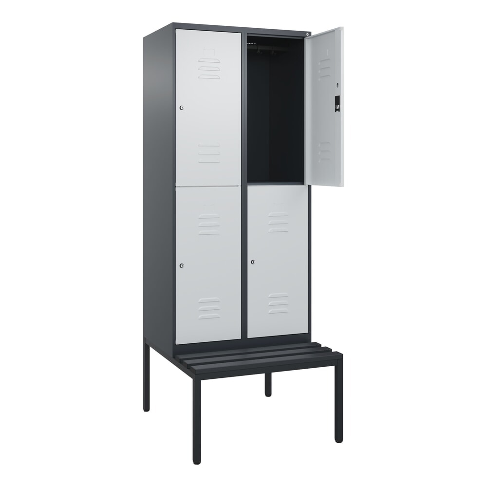 Produktabbildung: C+P Doppelstock-Spind Classic PLUS, 2 Abteile, HxBxT 2.120 x 800 x 815 mm, Zylinderschloss, untergebaute Bank aus Kunststoff, anthrazitgrau, lichtgrau