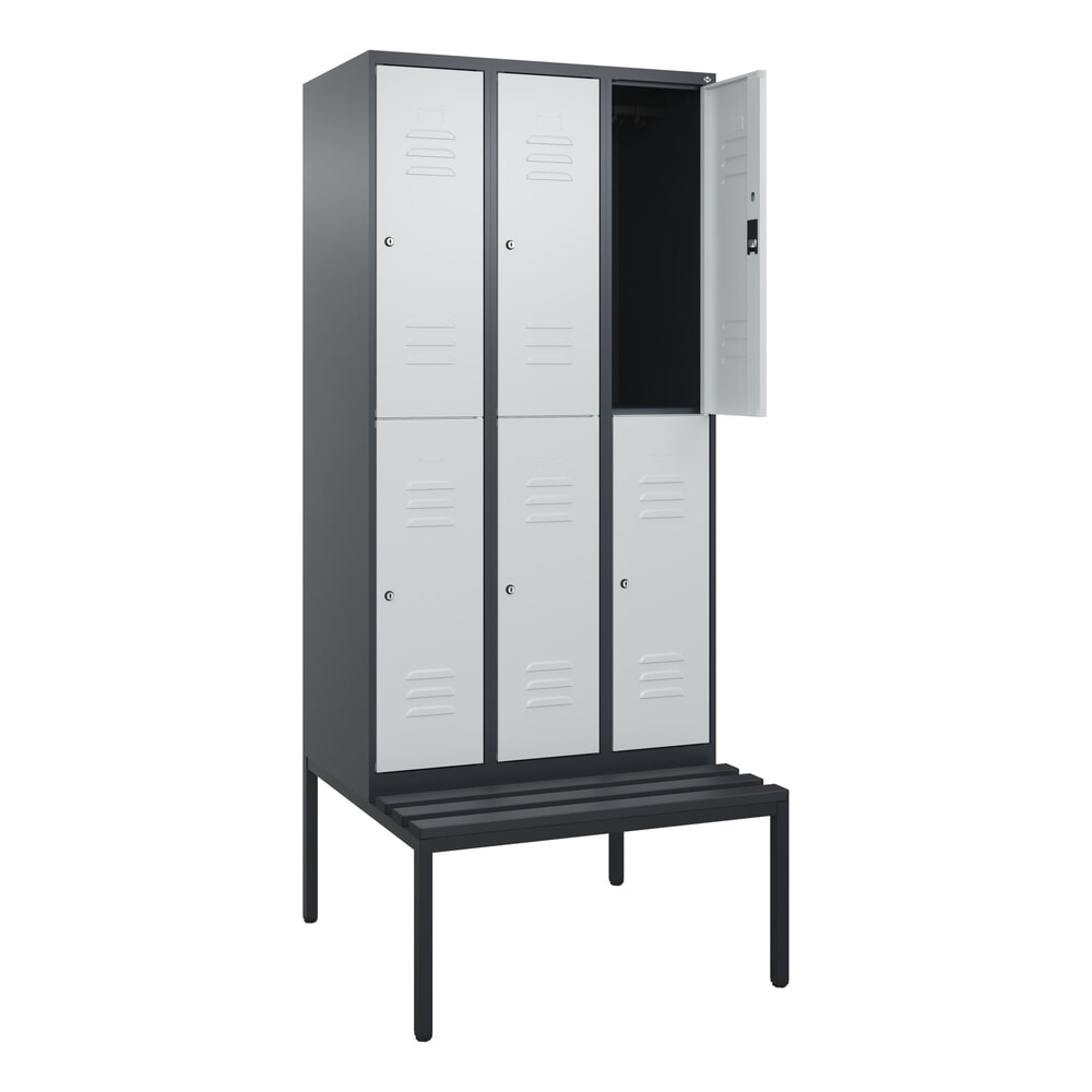 Produktabbildung Nr. 1: C+P Doppelstock-Spind Classic PLUS, 3 Abteile, HxBxT 2.120 x 900 x 815 mm, Zylinderschloss, untergebaute Bank aus Kunststoff, anthrazitgrau, lichtgrau