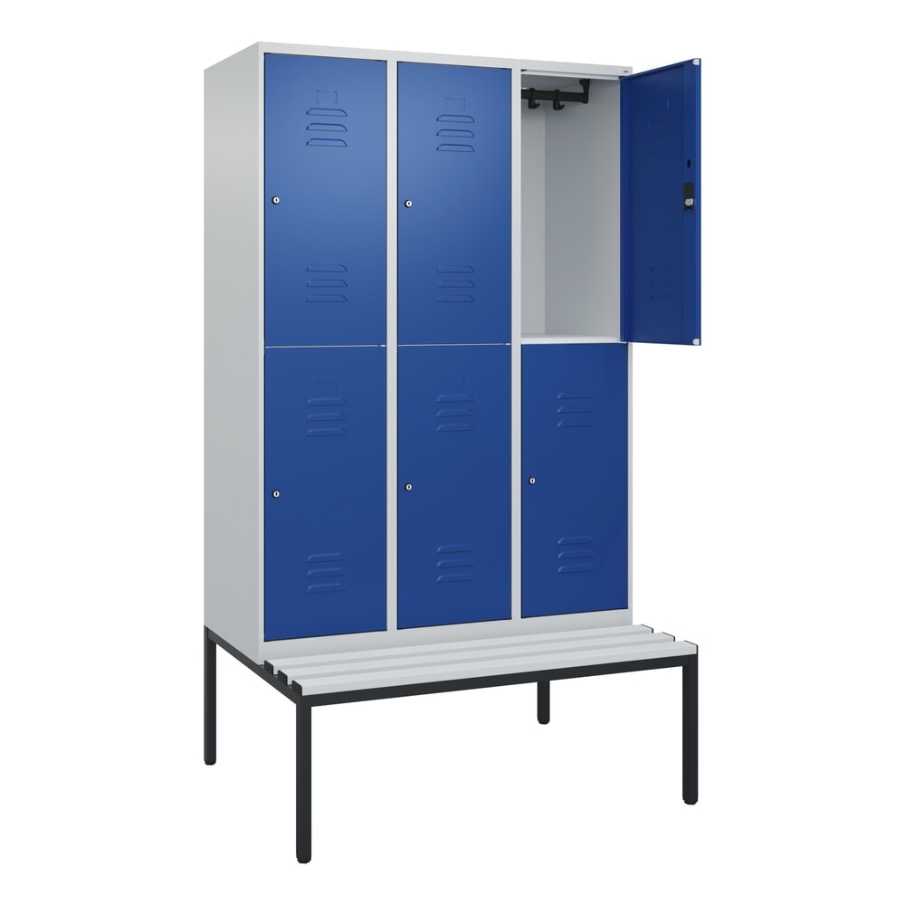 Produktabbildung: C+P Doppelstock-Spind Classic PLUS, 3 Abteile, HxBxT 2.120 x 1.200 x 815 mm, Zylinderschloss, untergebaute Bank aus Kunststoff, lichtgrau, enzianblau