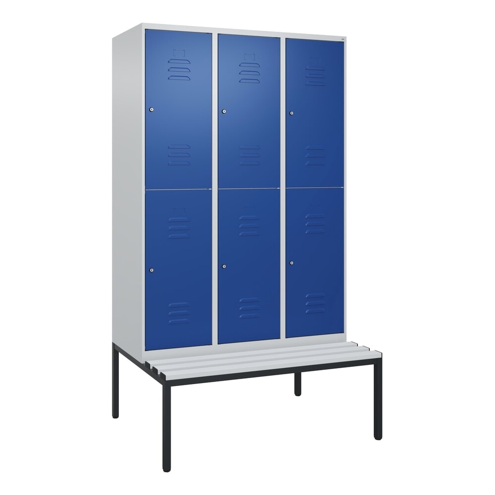 Produktabbildung Nr. 9: C+P Doppelstock-Spind Classic PLUS, 3 Abteile, HxBxT 2.120 x 1.200 x 815 mm, Zylinderschloss, untergebaute Bank aus Kunststoff, lichtgrau, enzianblau