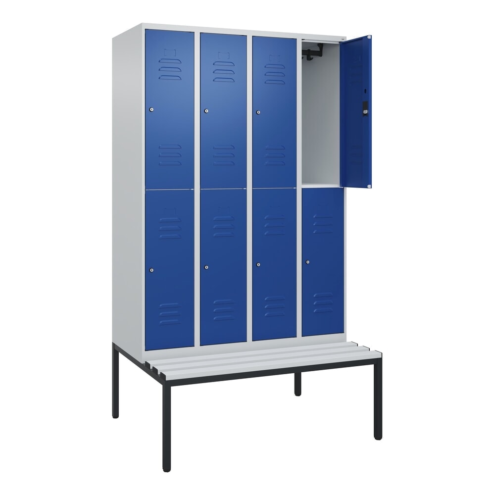Produktabbildung: C+P Doppelstock-Spind Classic PLUS, 4 Abteile, HxBxT 2.120 x 1.200 x 815 mm, Zylinderschloss, untergebaute Bank aus Kunststoff, lichtgrau, enzianblau