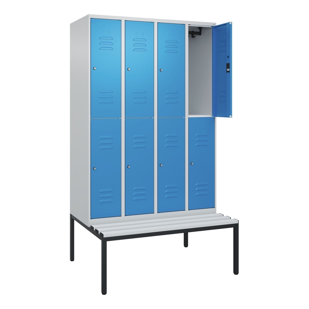 Produktabbildung: C+P Doppelstock-Spind Classic PLUS, 4 Abteile, HxBxT 2.120 x 1.200 x 815 mm, Zylinderschloss, untergebaute Bank aus Kunststoff, lichtgrau, lichtblau