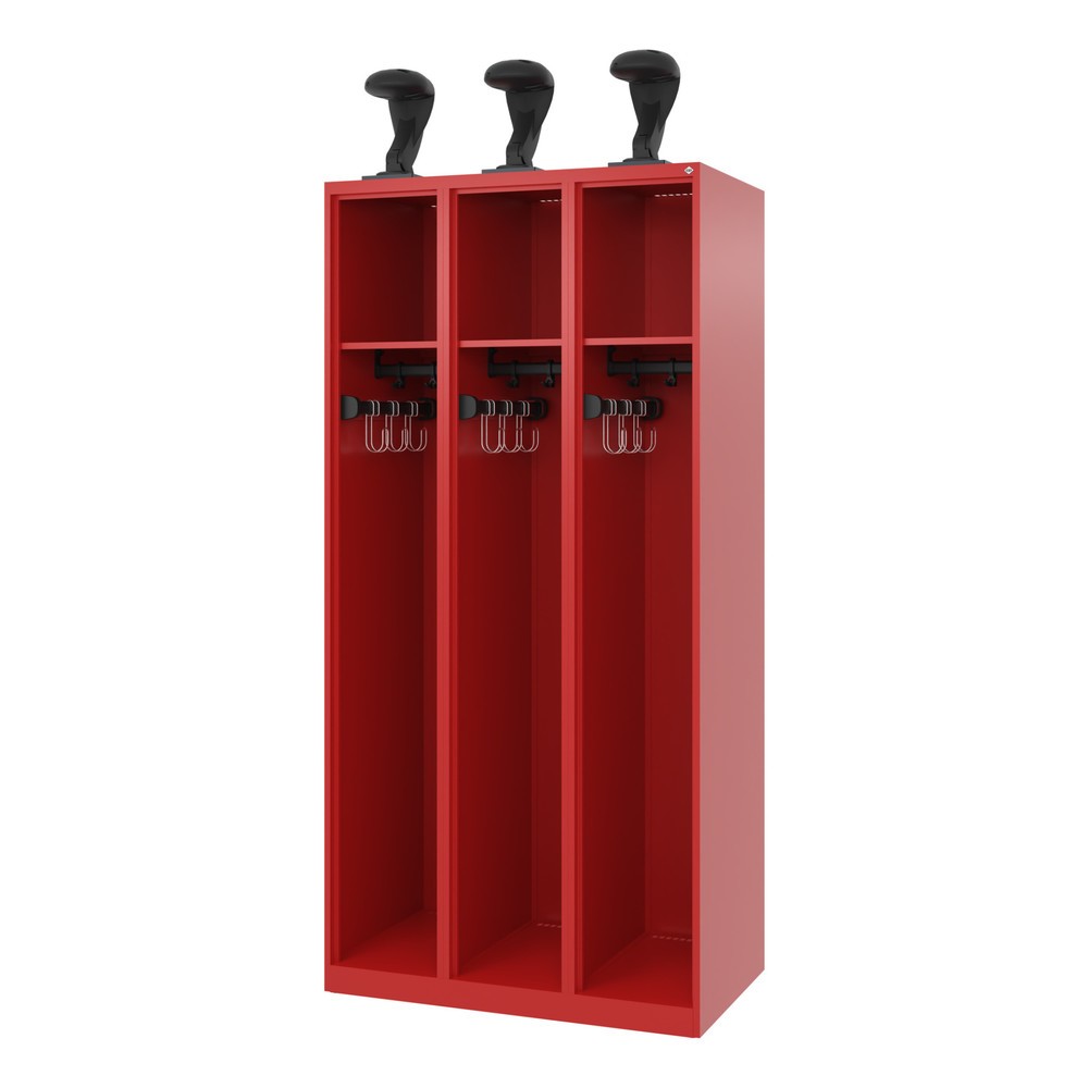 Produktabbildung: C+P Feuerwehrspind EXPERT, Bodengleiter, 3 Abteile, HxBxT 1.850 x 900 x 500 mm, feuerrot, mit Helmhalter
