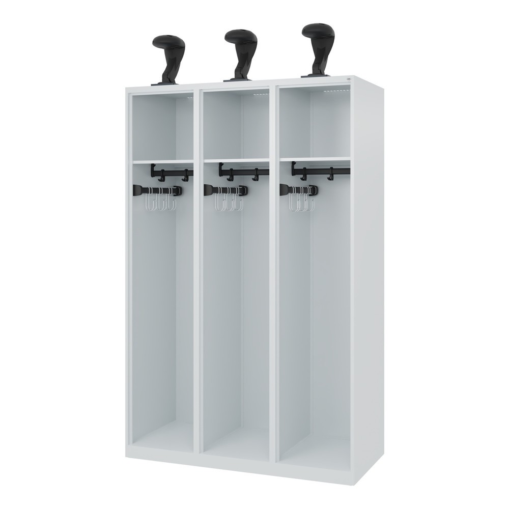 Produktabbildung: C+P Feuerwehrspind EXPERT, Bodengleiter, 3 Abteile, HxBxT 1.850 x 1.200 x 500 mm, lichtgrau, mit Helmhalter
