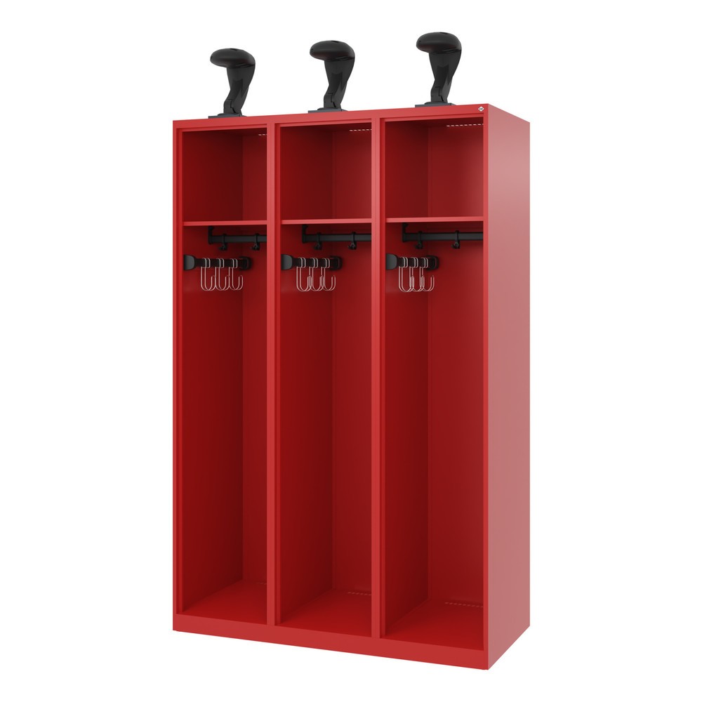 Produktabbildung: C+P Feuerwehrspind EXPERT, Bodengleiter, 3 Abteile, HxBxT 1.850 x 1.200 x 500 mm, feuerrot, mit Helmhalter