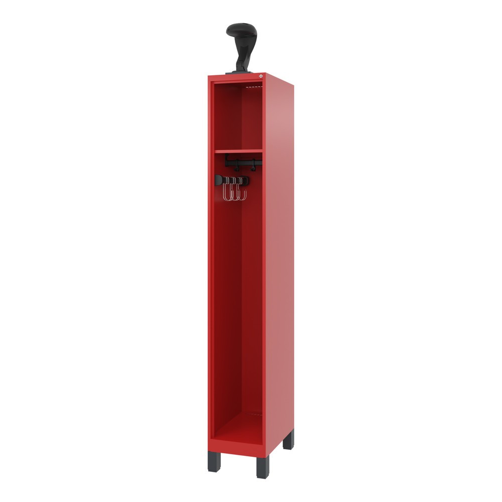 Produktabbildung: C+P Feuerwehrspind EXPERT, Füße, 1 Abteil, HxBxT 1.850 x 300 x 500 mm, feuerrot, mit Helmhalter