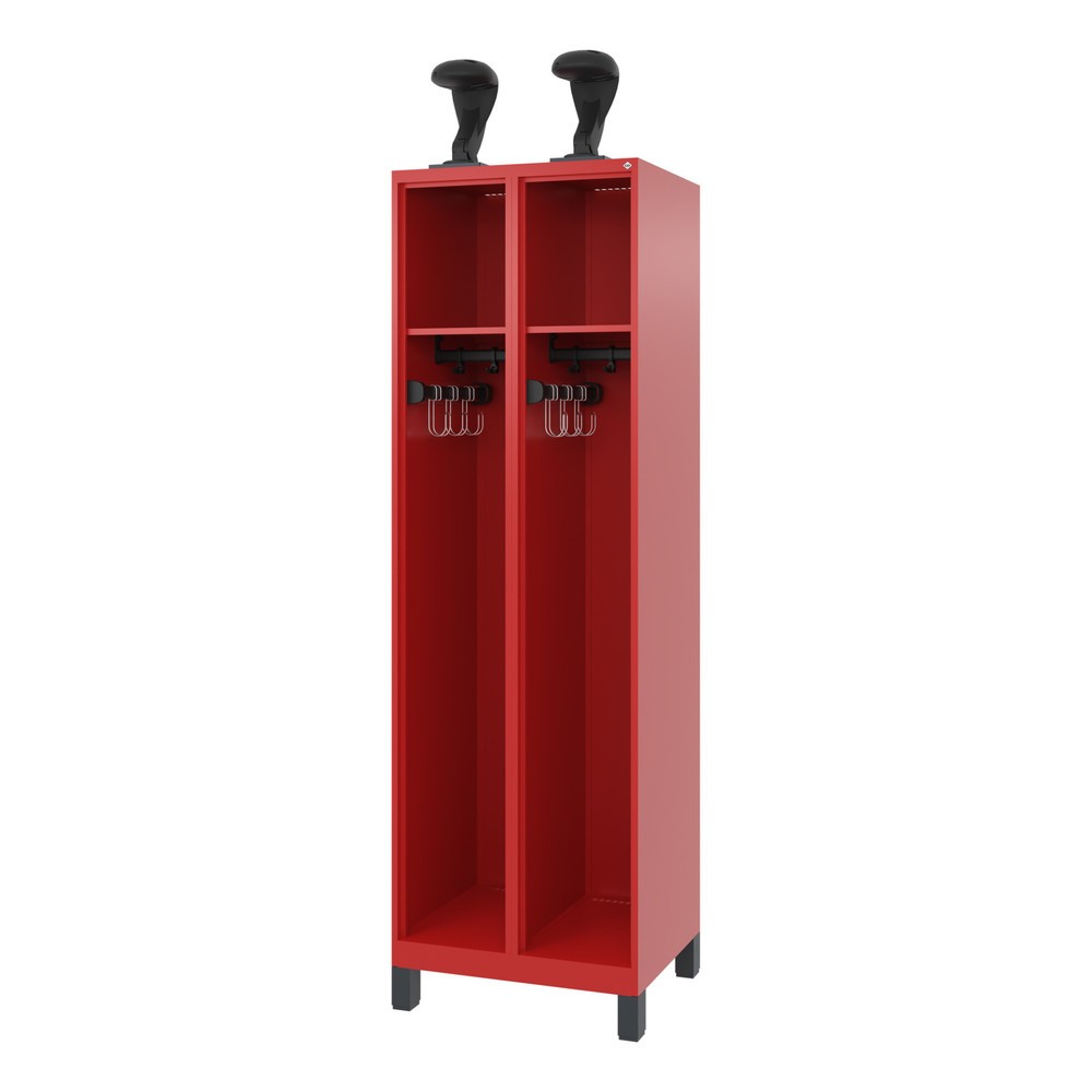 Produktabbildung: C+P Feuerwehrspind EXPERT, Füße, 2 Abteile, HxBxT 1.850 x 600 x 500 mm, feuerrot, mit Helmhalter