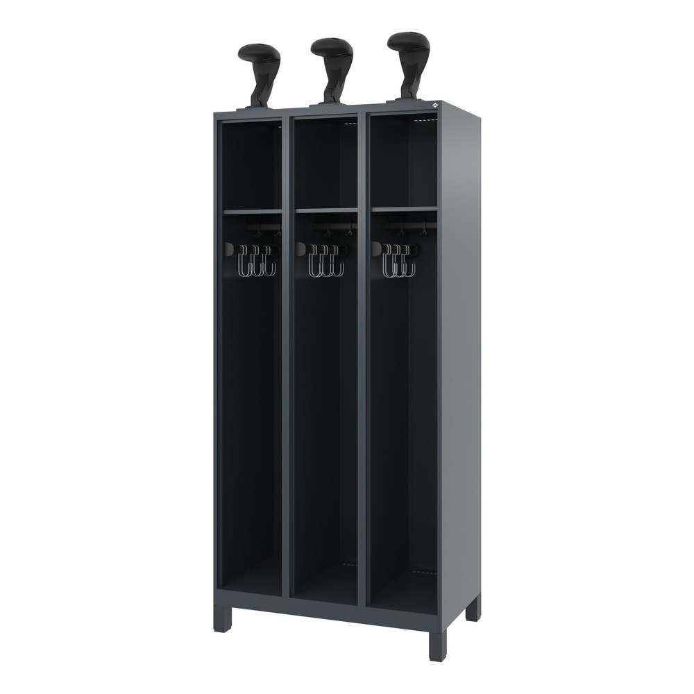 Produktabbildung: C+P Feuerwehrspind EXPERT, Füße, 3 Abteile, HxBxT 1.850 x 900 x 500 mm, anthrazitgrau, mit Helmhalter