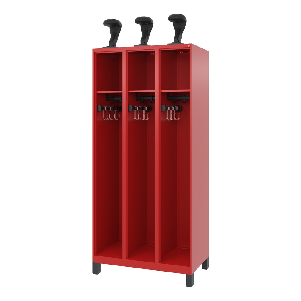 Produktabbildung: C+P Feuerwehrspind EXPERT, Füße, 3 Abteile, HxBxT 1.850 x 900 x 500 mm, feuerrot, mit Helmhalter