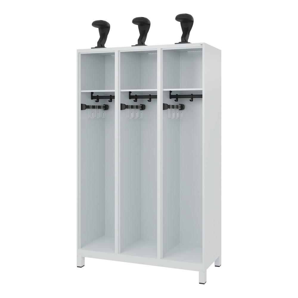 Produktabbildung: C+P Feuerwehrspind EXPERT, Füße, 3 Abteile, HxBxT 1.850 x 1.200 x 500 mm, lichtgrau, mit Helmhalter