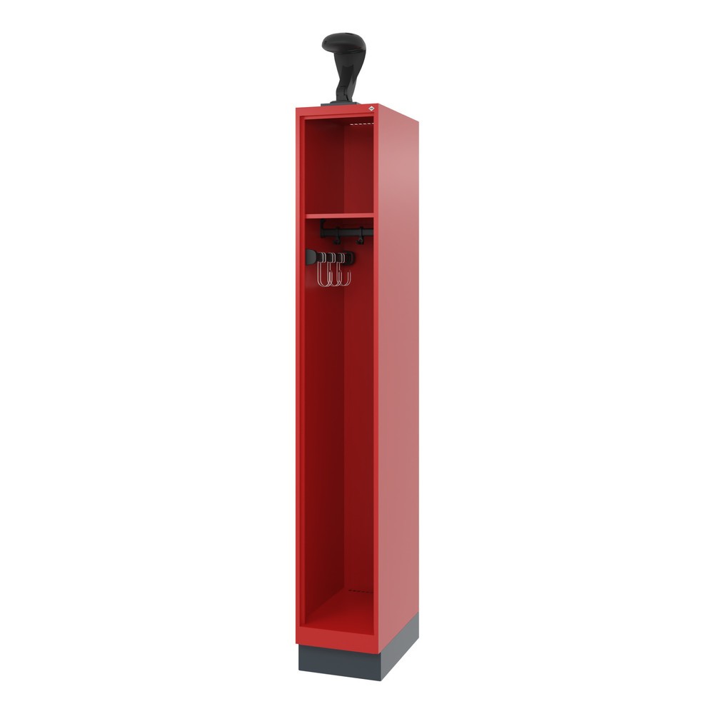 Produktabbildung: C+P Feuerwehrspind EXPERT, Sockel, 1 Abteil, HxBxT 1.850 x 300 x 500 mm, feuerrot, mit Helmhalter