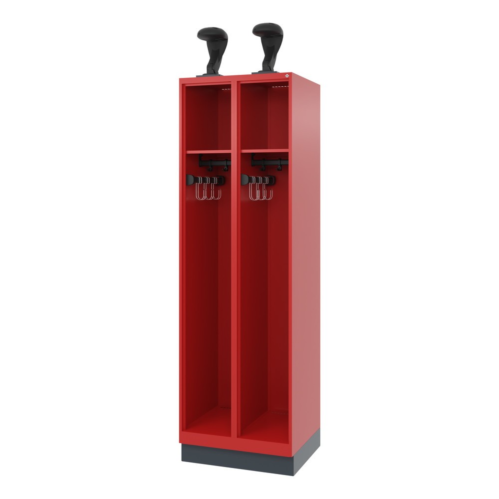 Produktabbildung: C+P Feuerwehrspind EXPERT, Sockel, 2 Abteile, HxBxT 1.850 x 600 x 500 mm, feuerrot, mit Helmhalter