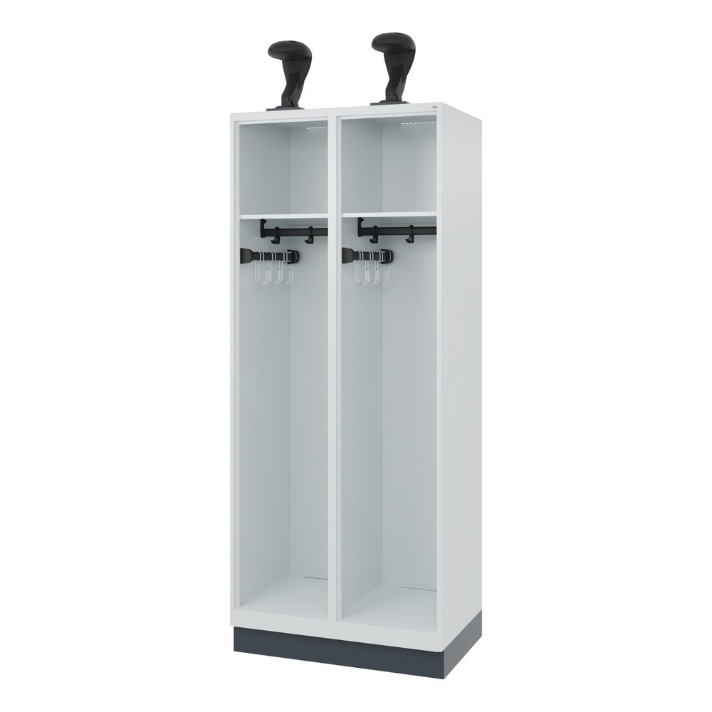 Produktabbildung: C+P Feuerwehrspind EXPERT, Sockel, 2 Abteile, HxBxT 1.850 x 800 x 500 mm, lichtgrau, mit Helmhalter