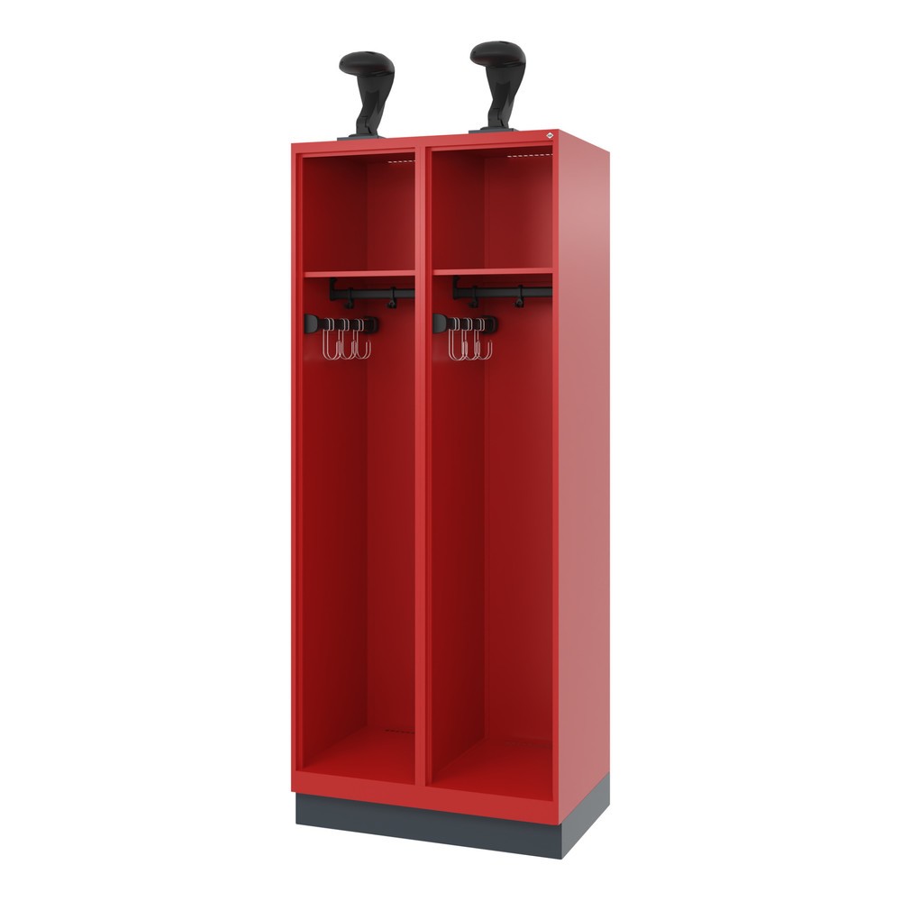 Produktabbildung: C+P Feuerwehrspind EXPERT, Sockel, 2 Abteile, HxBxT 1.850 x 800 x 500 mm, feuerrot, mit Helmhalter