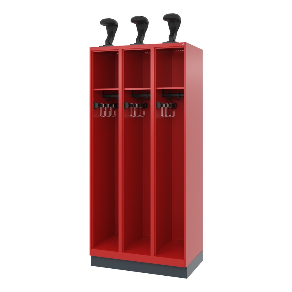 Produktabbildung: C+P Feuerwehrspind EXPERT, Sockel, 3 Abteile, HxBxT 1.850 x 900 x 500 mm, feuerrot, mit Helmhalter