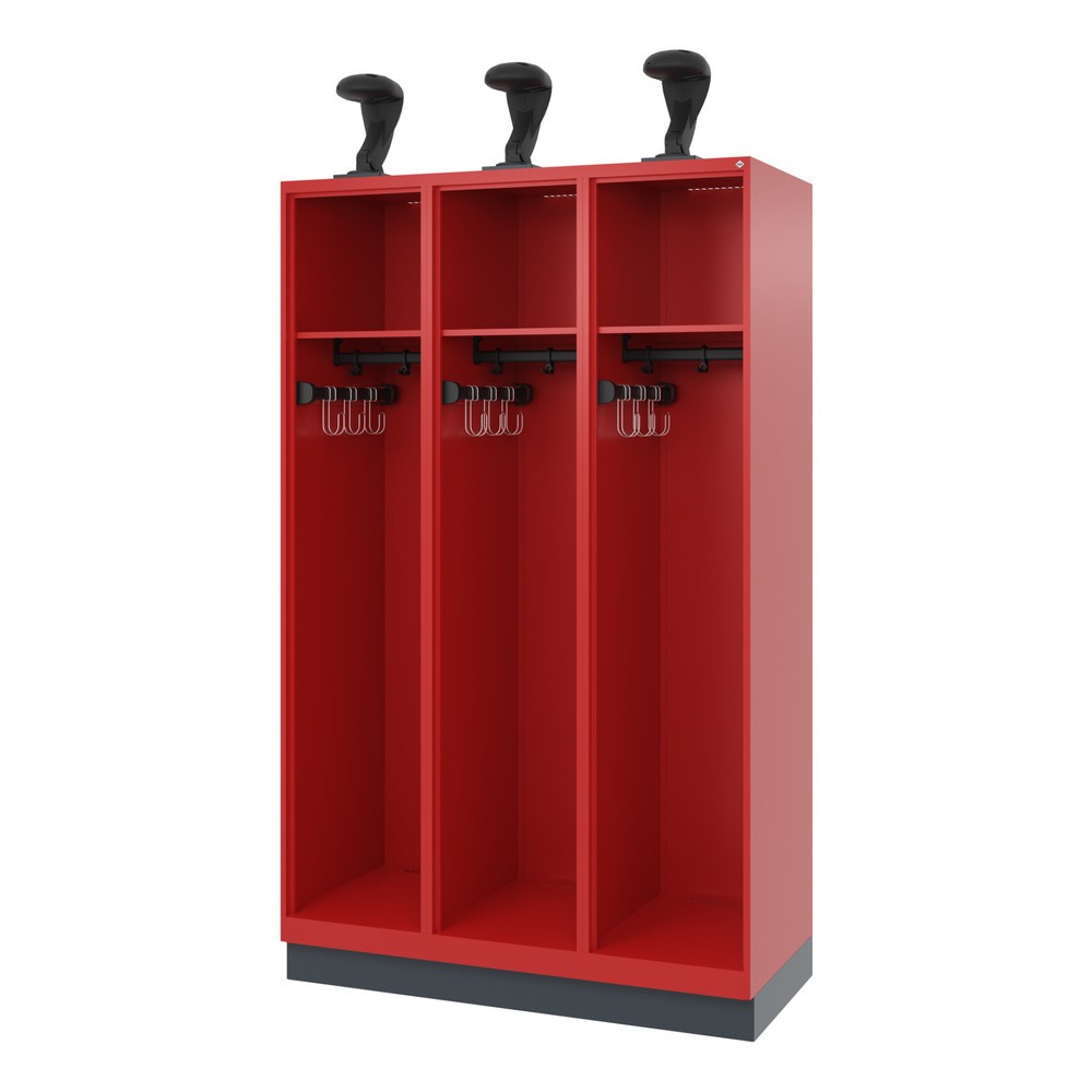 Produktabbildung: C+P Feuerwehrspind EXPERT, Sockel, 3 Abteile, HxBxT 1.850 x 1.200 x 500 mm, feuerrot, mit Helmhalter