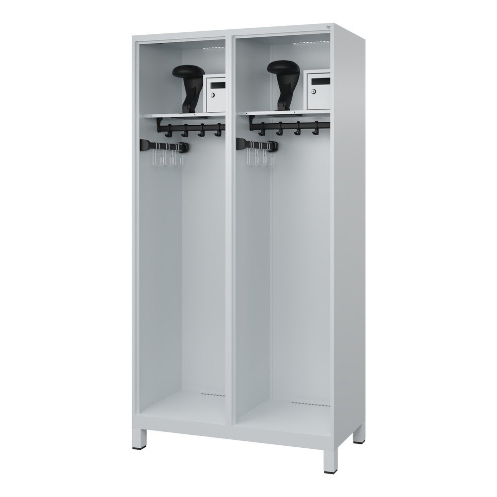 Produktabbildung: C+P Feuerwehrspind FLEXO, Füße, 2 Abteile, HxBxT 1.850 x 1.000 x 500 mm, lichtgrau, mit Helmhalter