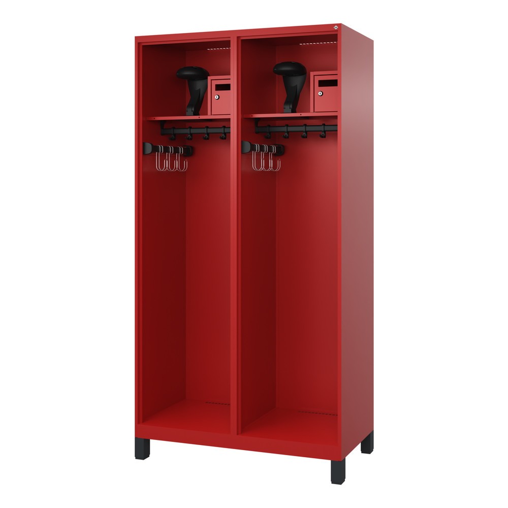 Produktabbildung: C+P Feuerwehrspind FLEXO, Füße, 2 Abteile, HxBxT 1.850 x 1.000 x 500 mm, feuerrot, mit Helmhalter