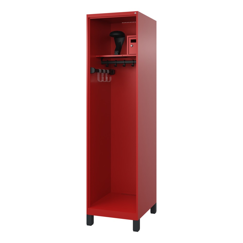 Produktabbildung: C+P Feuerwehrspind FLEXO, Füße, 1 Abteil, HxBxT 1.850 x 500 x 600 mm, feuerrot, mit Helmhalter