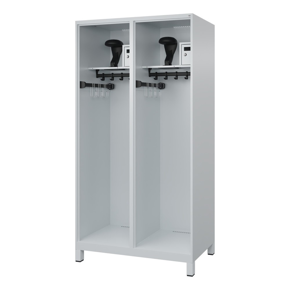 Produktabbildung: C+P Feuerwehrspind FLEXO, Füße, 2 Abteile, HxBxT 1.850 x 1.000 x 600 mm, lichtgrau, mit Helmhalter