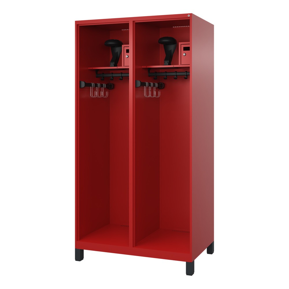 Produktabbildung: C+P Feuerwehrspind FLEXO, Füße, 2 Abteile, HxBxT 1.850 x 1.000 x 600 mm, feuerrot, mit Helmhalter