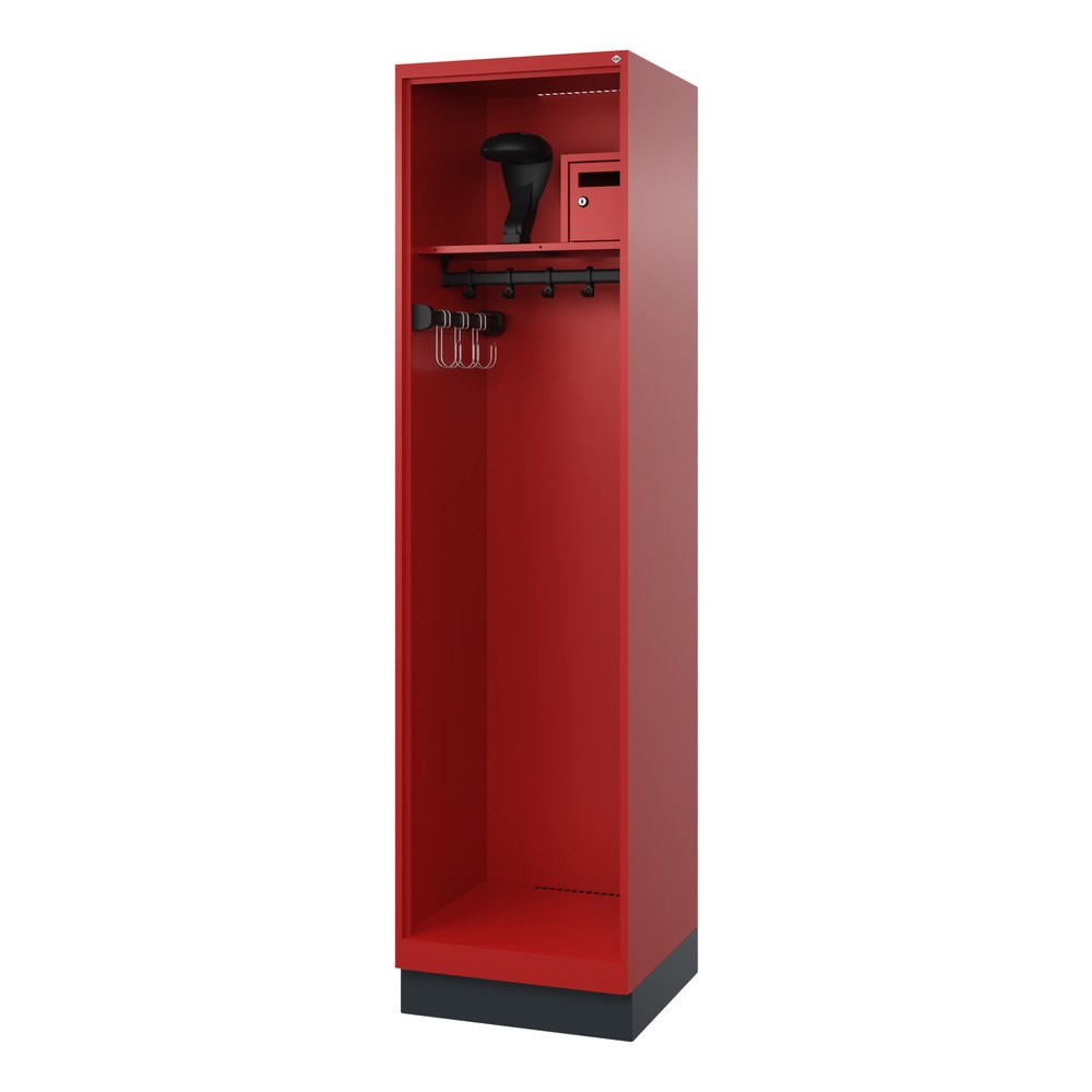 Produktabbildung: C+P Feuerwehrspind FLEXO, Sockel, 1 Abteil, HxBxT 1.850 x 500 x 500 mm, feuerrot, mit Helmhalter
