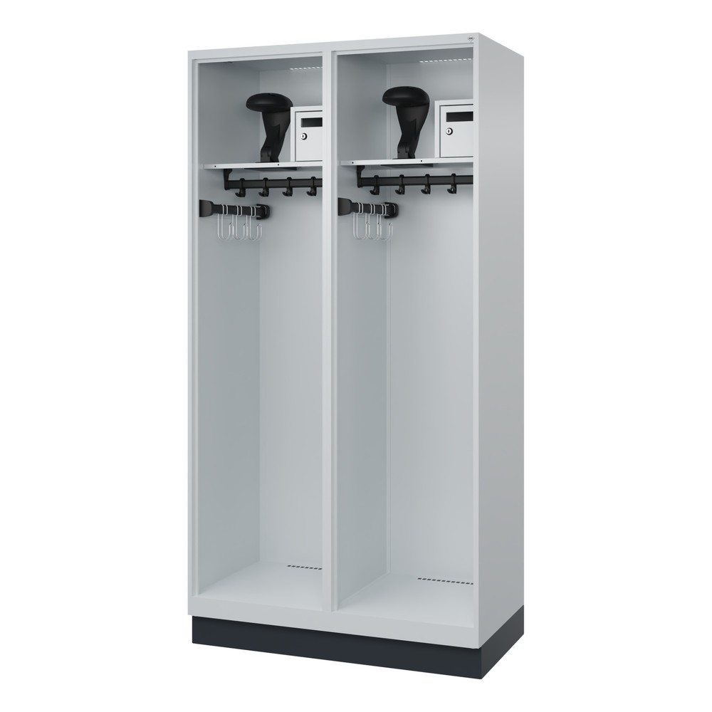Produktabbildung: C+P Feuerwehrspind FLEXO, Sockel, 2 Abteile, HxBxT 1.850 x 1.000 x 500 mm, lichtgrau, mit Helmhalter
