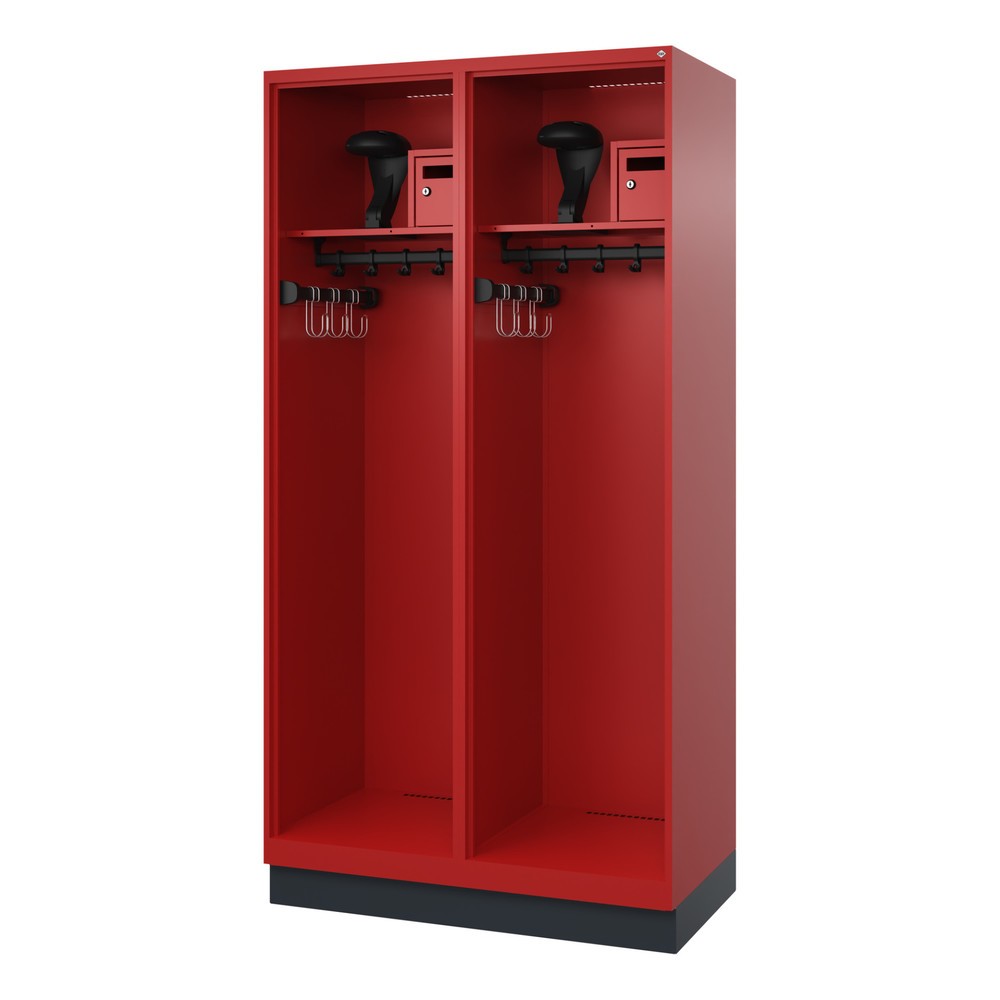 Produktabbildung: C+P Feuerwehrspind FLEXO, Sockel, 2 Abteile, HxBxT 1.850 x 1.000 x 500 mm, feuerrot, mit Helmhalter
