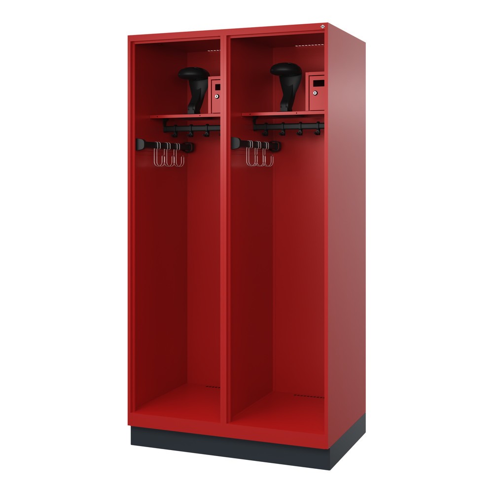 Produktabbildung: C+P Feuerwehrspind FLEXO, Sockel, 2 Abteile, HxBxT 1.850 x 1.000 x 600 mm, feuerrot, mit Helmhalter