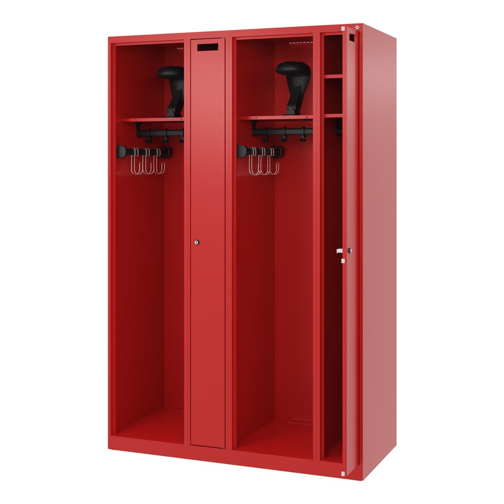 Produktabbildung Nr. 1: C+P Feuerwehrspind KOMBI, Bodengleiter, 2 Abteile, HxBxT 1.850 x 1.200 x 500 mm, feuerrot, mit Helmhalter