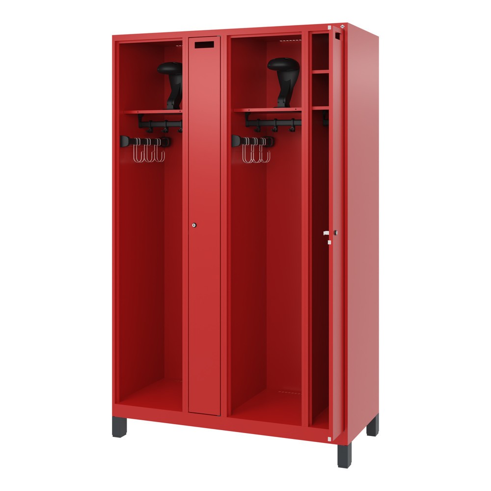 Produktabbildung: C+P Feuerwehrspind KOMBI, Füße, 2 Abteile, HxBxT 1.850 x 1.200 x 500 mm, feuerrot, mit Helmhalter