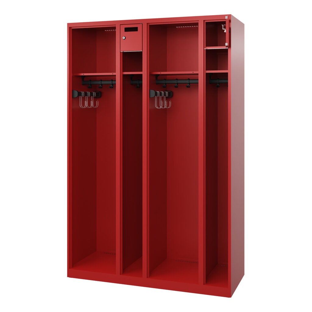 C+P Feuerwehrspind KOMBI Open, Bodengleiter, 2 Abteile, HxBxT 1.850 x 1.200 x 500 mm, feuerrot Produktabbildung: C+P Feuerwehrspind KOMBI Open, Bodengleiter, 2 Abteile, HxBxT 1.850 x 1.200 x 500 mm, feuerrot