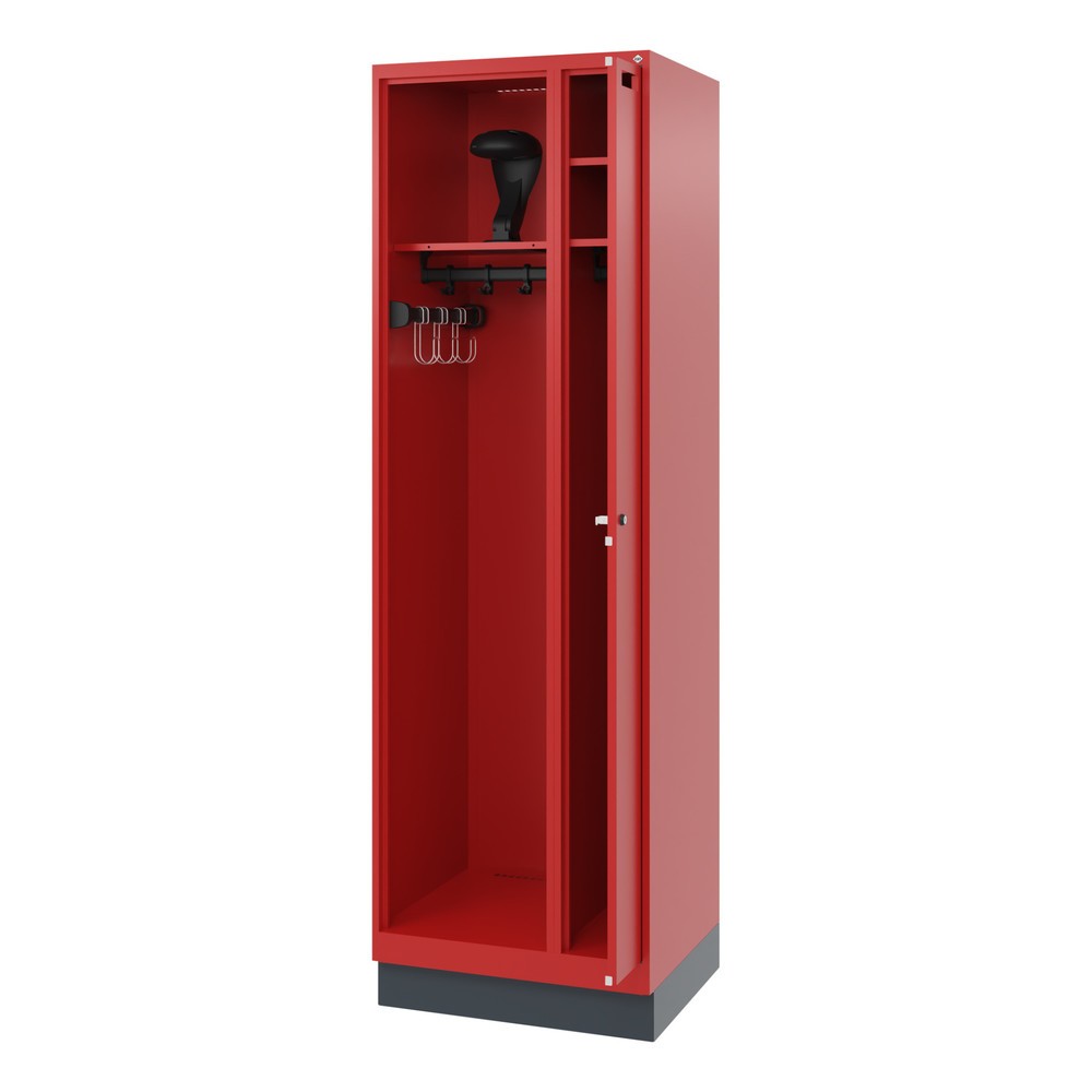 Produktabbildung: C+P Feuerwehrspind KOMBI, Sockel, 1 Abteil, HxBxT 1.850 x 600 x 500 mm, feuerrot, mit Helmhalter