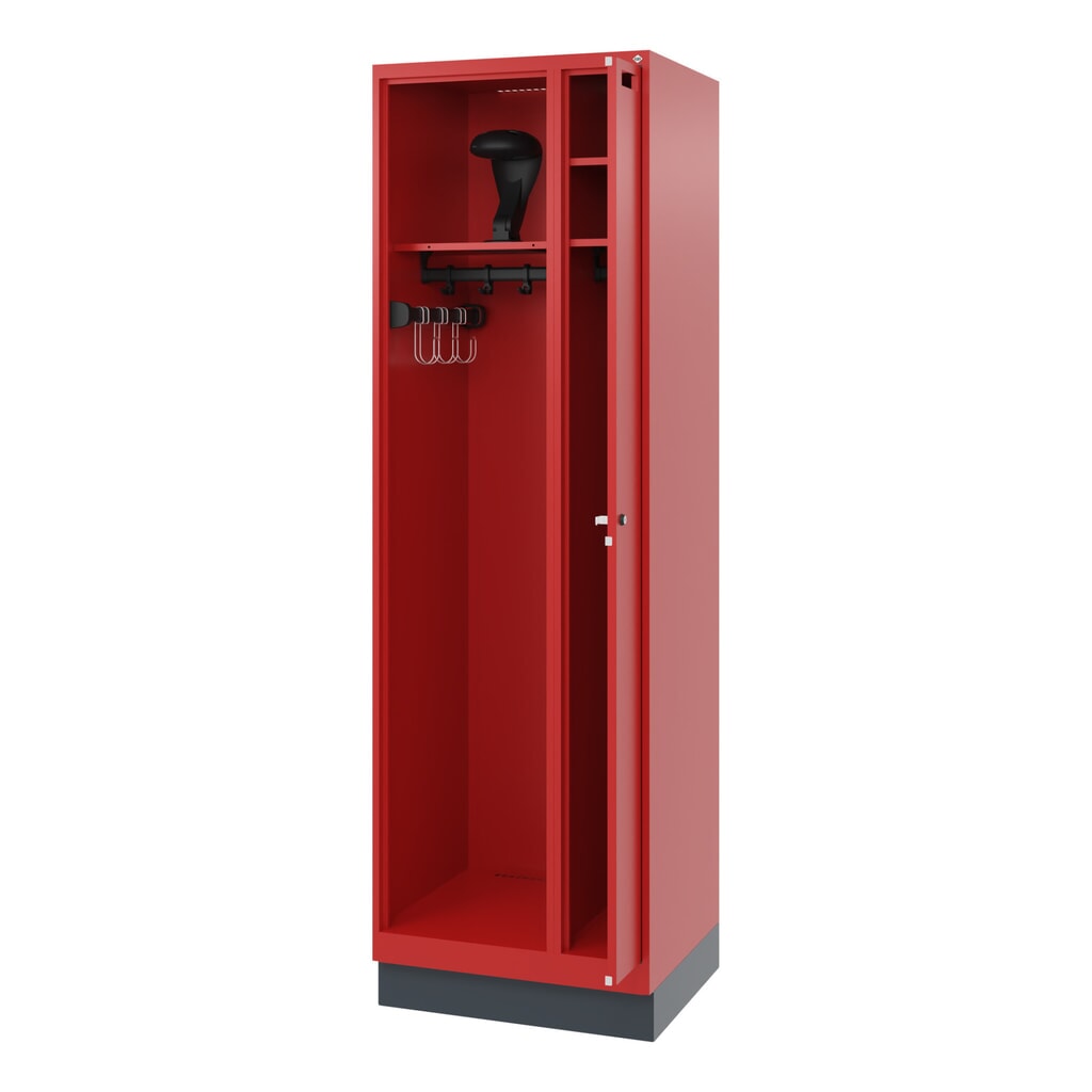 C+P Feuerwehrspind KOMBI, Sockel, 1 Abteil, HxBxT 1.850 x 600 x 500 mm, feuerrot, mit Helmhalter Produktabbildung: C+P Feuerwehrspind KOMBI, Sockel, 1 Abteil, HxBxT 1.850 x 600 x 500 mm, feuerrot, mit Helmhalter