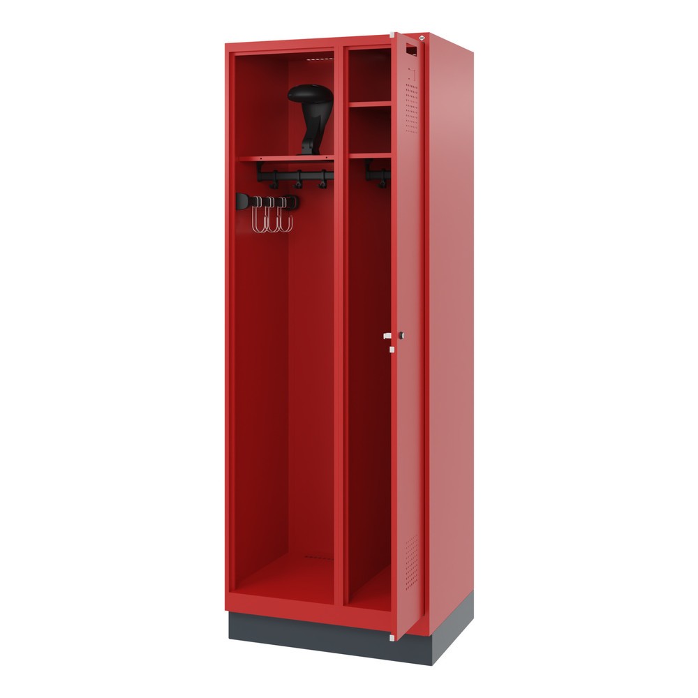 Produktabbildung: C+P Feuerwehrspind KOMBI, Sockel, 1 Abteil, HxBxT 1.850 x 700 x 500 mm, feuerrot, mit Helmhalter