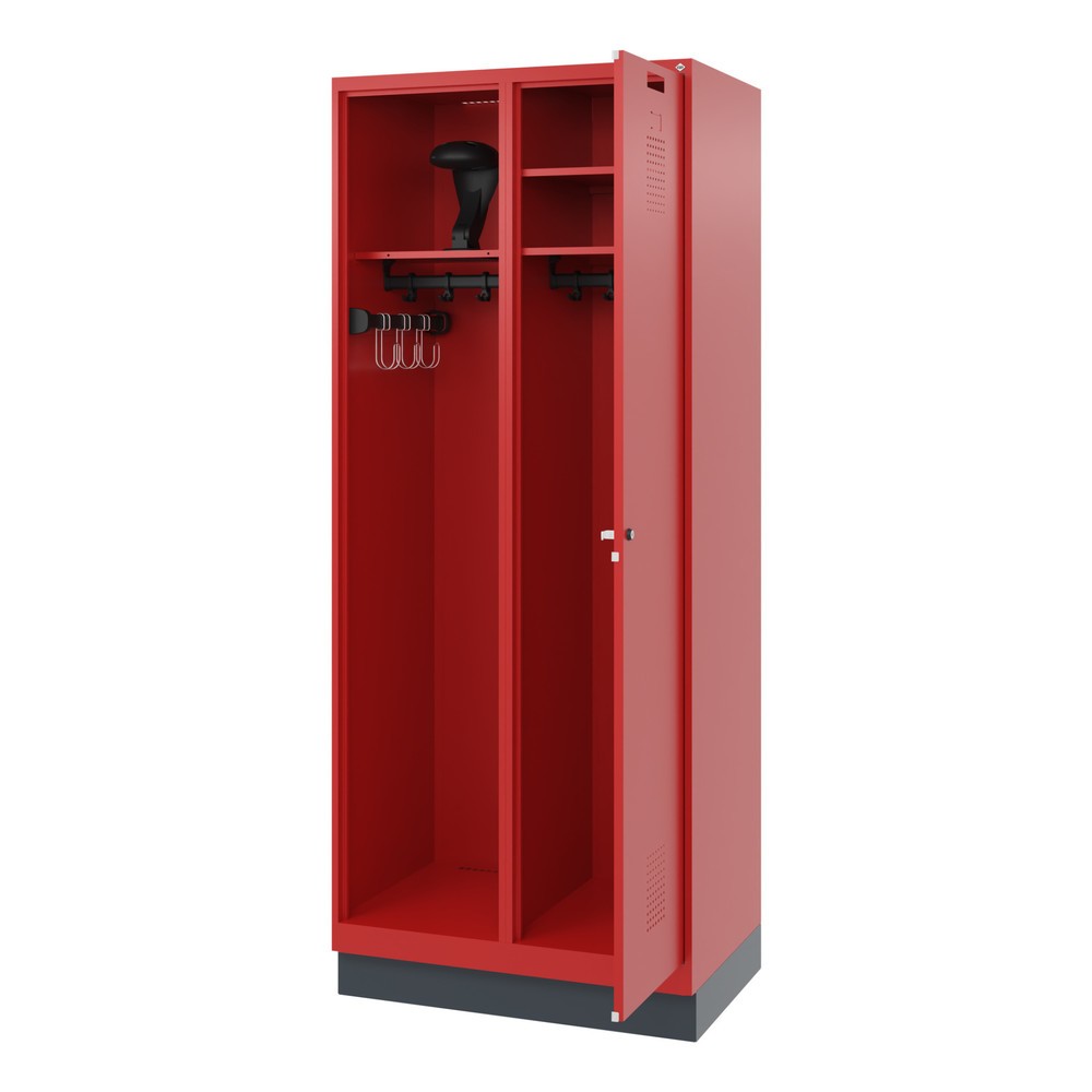 Produktabbildung: C+P Feuerwehrspind KOMBI, Sockel, 1 Abteil, HxBxT 1.850 x 800 x 500 mm, feuerrot, mit Helmhalter