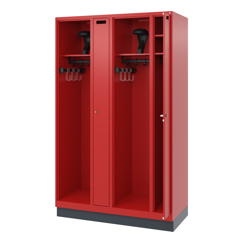 Produktabbildung: C+P Feuerwehrspind KOMBI, Sockel, 2 Abteile, HxBxT 1.850 x 1.200 x 500 mm, feuerrot, mit Helmhalter