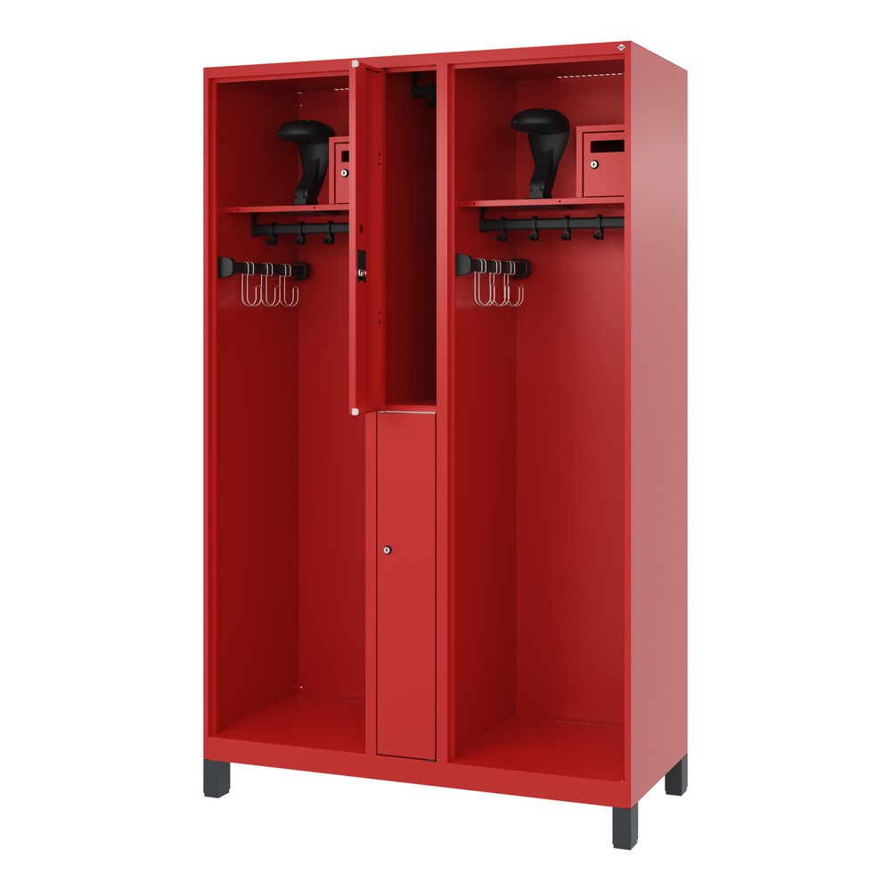 Produktabbildung: C+P Feuerwehrspind MAXI, Füße, HxBxT 1.850 x 1.200 x 500 mm, feuerrot, mit Helmhalter