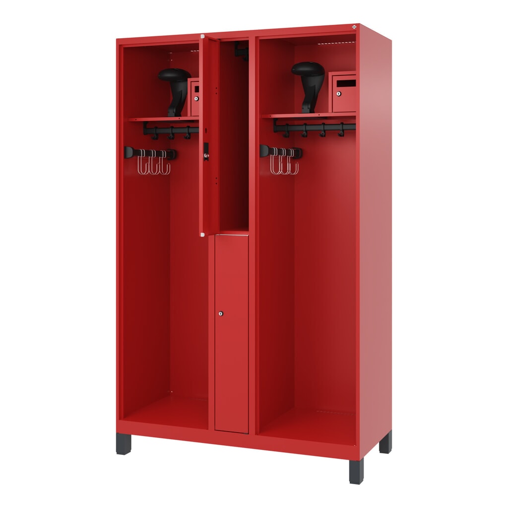C+P Feuerwehrspind MAXI, Füße, HxBxT 1.850 x 1.200 x 500 mm, feuerrot, mit Helmhalter Produktabbildung: C+P Feuerwehrspind MAXI, Füße, HxBxT 1.850 x 1.200 x 500 mm, feuerrot, mit Helmhalter